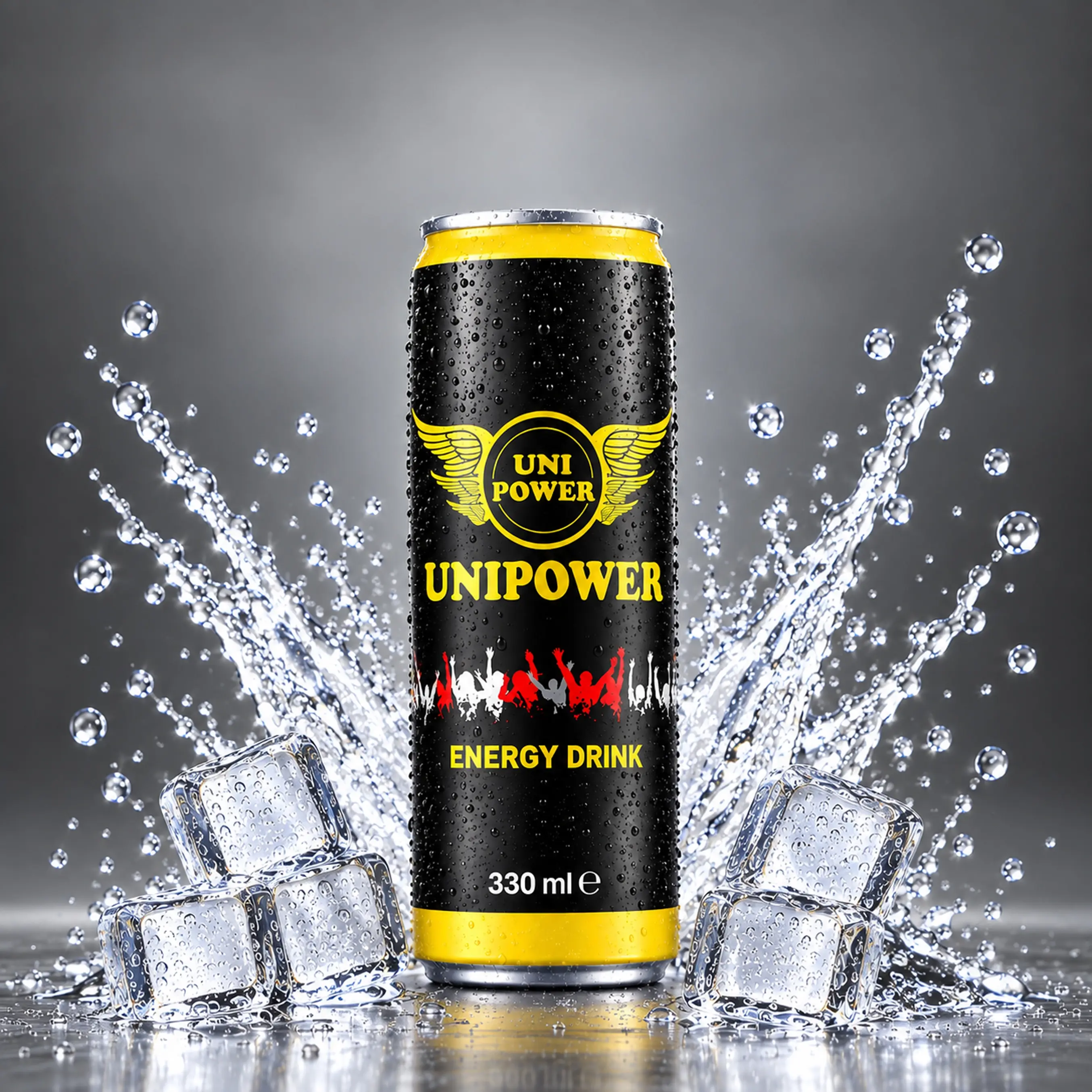 Uni Power Energy Drink 330ml black and gold can.